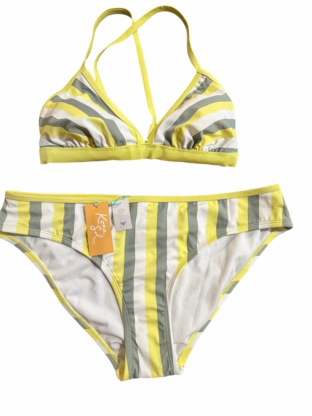 Kona Sol Yellow and Gray Striped Triangle Bikini Set - New D/DD & XL